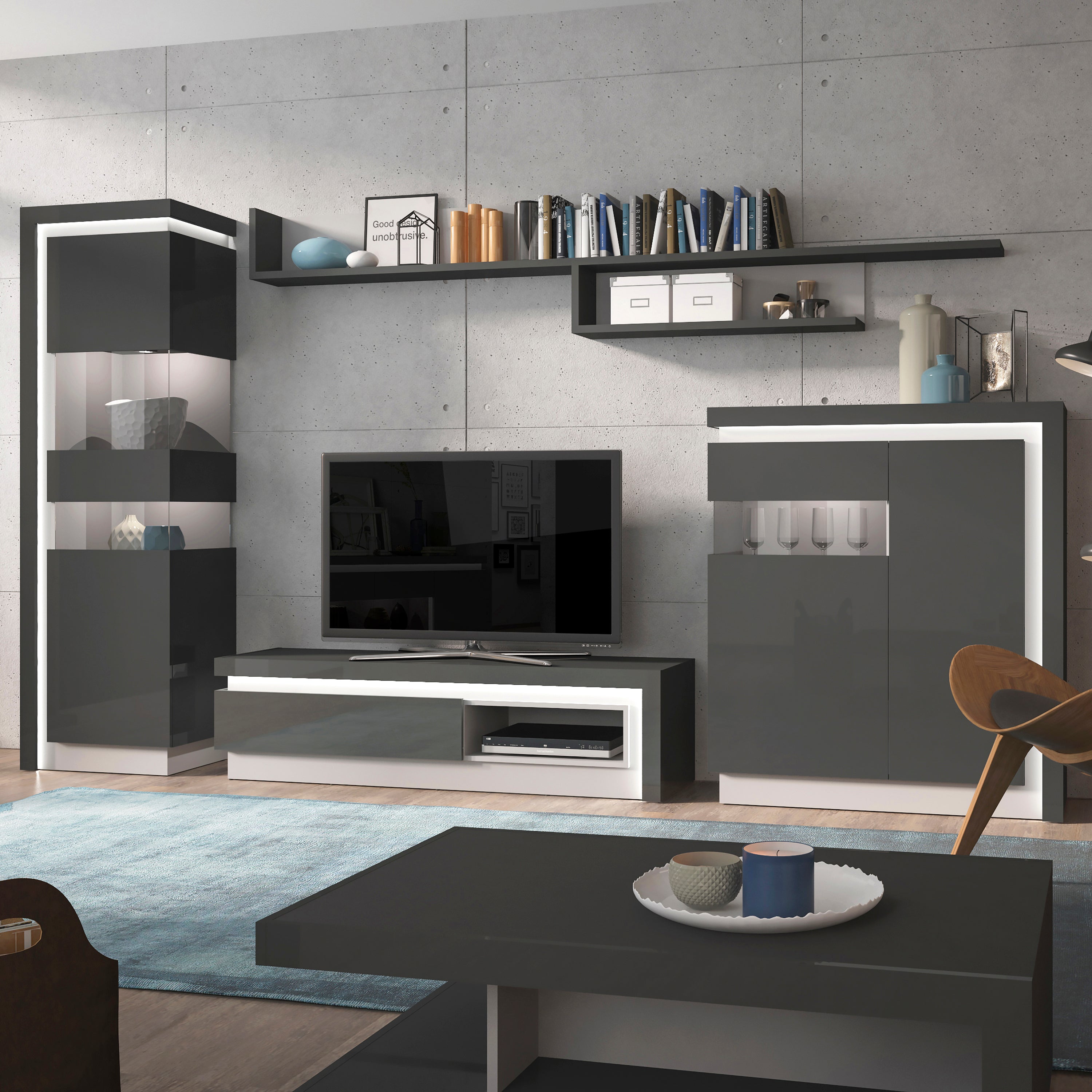 Lyon 2 Door Designer Cabinet (LH) in Platinum/Light Grey Gloss