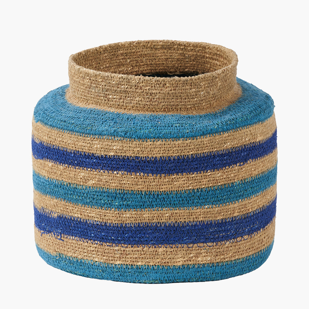 Seagrass Natural, Blue and Turquoise Stripe Round Basket