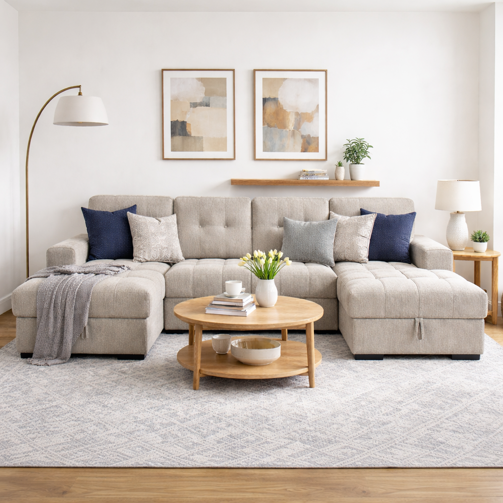 Palermo U Shape Sofabed With Ottoman Storage Beige Morgan | Malvern | Somerford | Calix | Euphoria | Plush Style