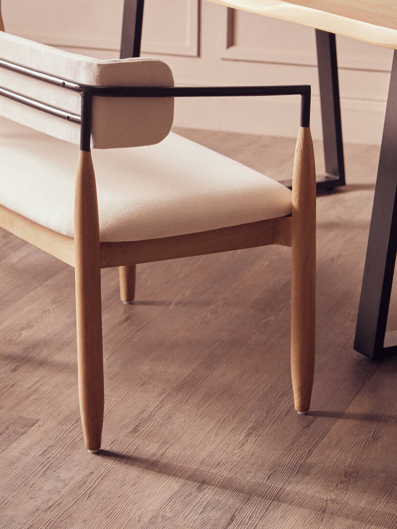 Persolo Cream Textured Fabric Dining Bench with Wood Frame