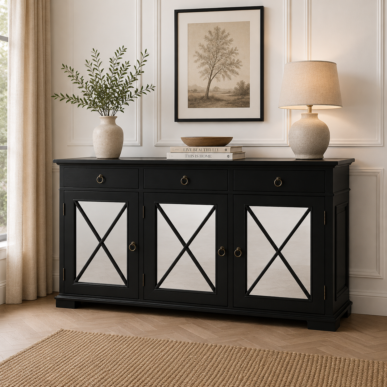 Black Oriental Sideboard with Mirrored Doors