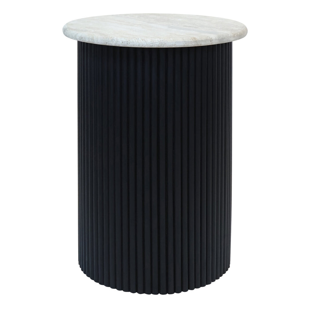 Walton Travertine Top Side Table with Black Acacia Wood Base