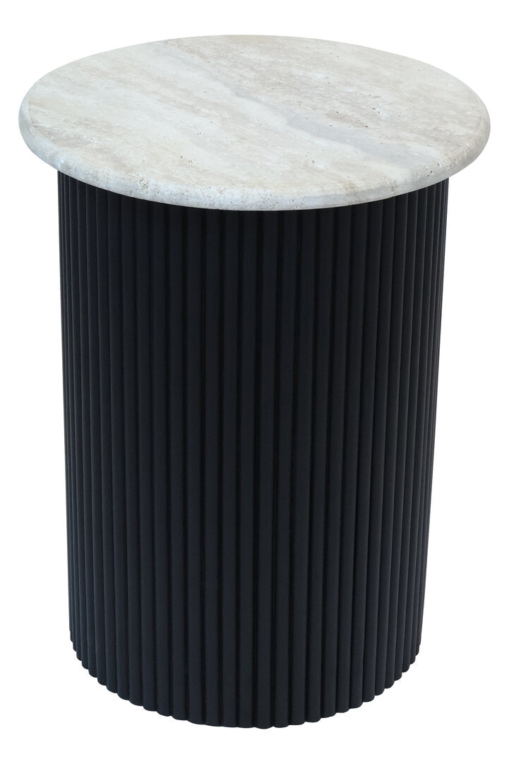 Walton Travertine Top Side Table with Black Acacia Wood Base