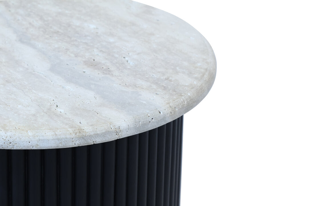 Walton Travertine Top Side Table with Black Acacia Wood Base