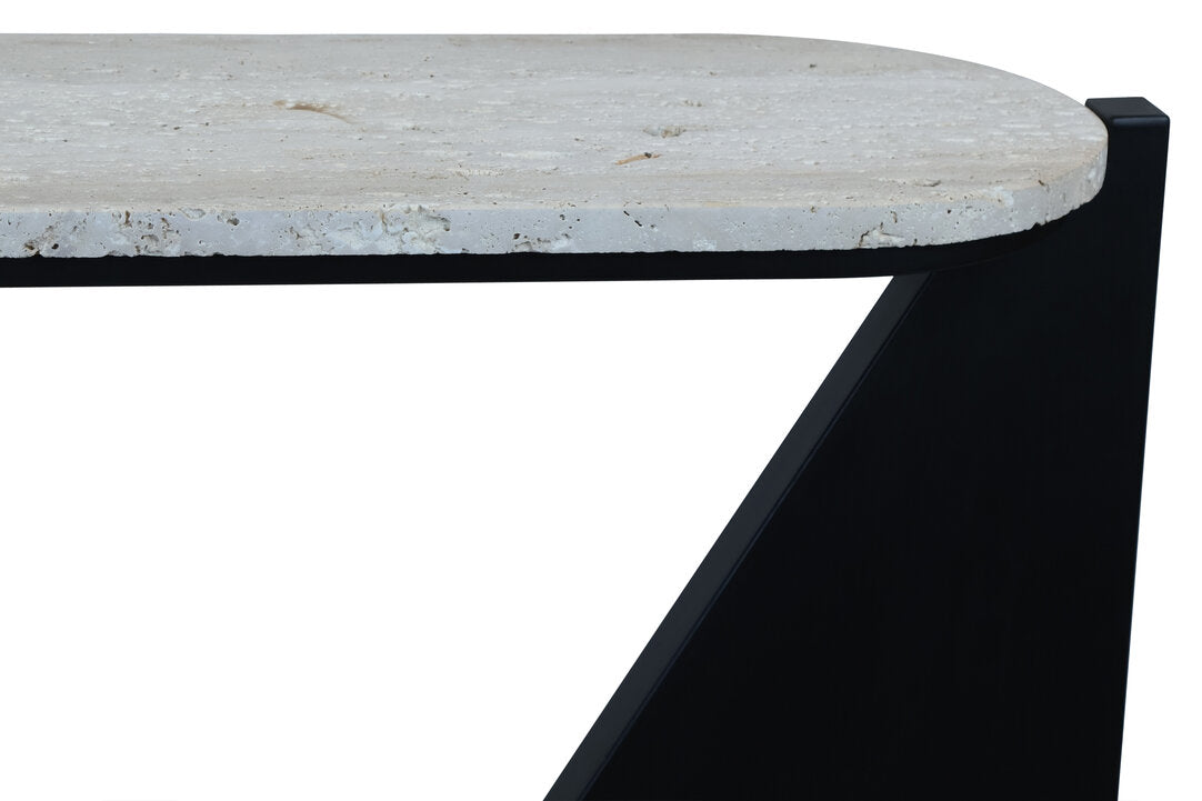 Winton Travertine Top Console Table With Black Acacia Wood Frame