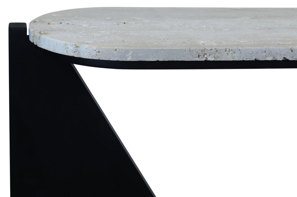 Winton Travertine Top Console Table With Black Acacia Wood Frame