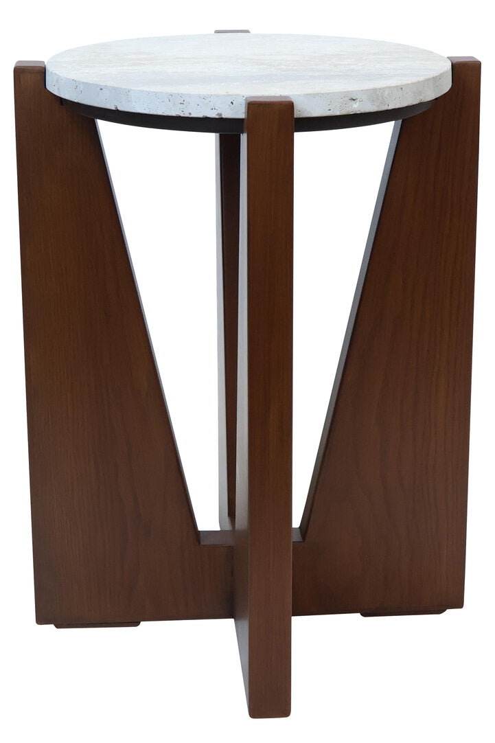 Winton Travertine Top Side Table With Acacia Wood Frame