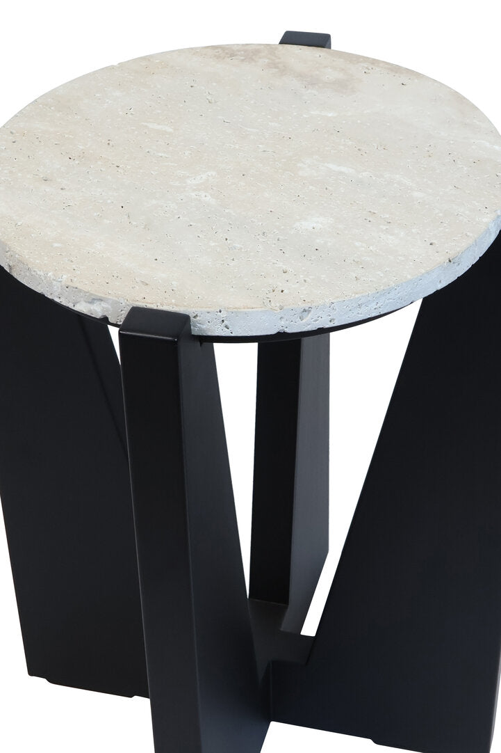 Winton Travertine Top Side Table With Black Acacia Wood Frame