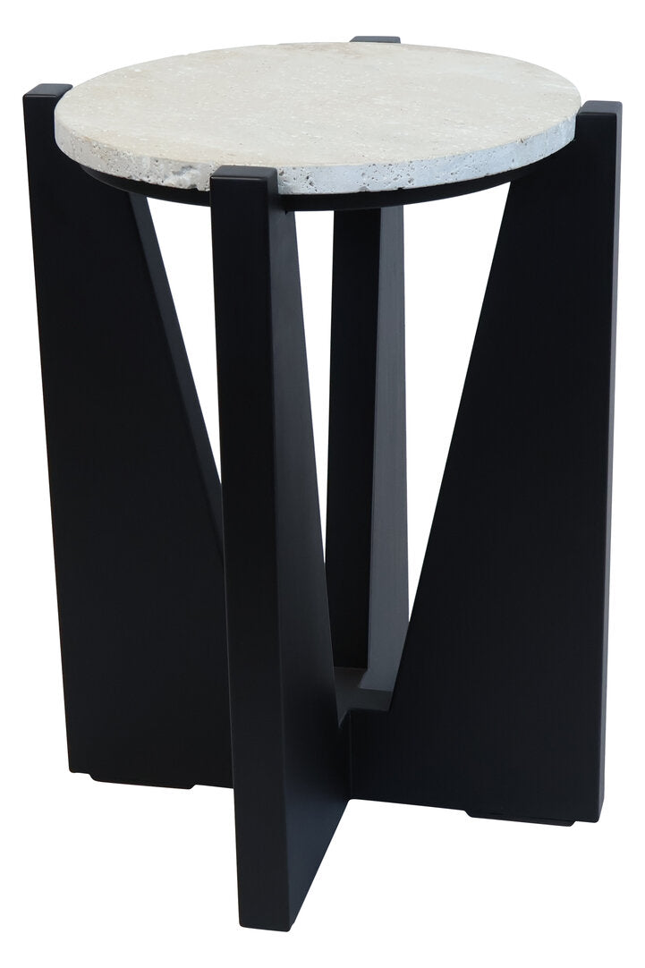 Winton Travertine Top Side Table With Black Acacia Wood Frame