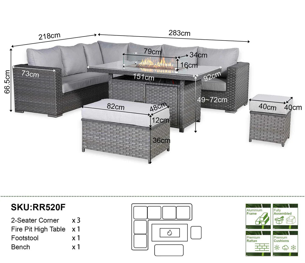 Catalina Range Modular Corner Sofa Set with Fire Pit Table in Large Grey Rattan