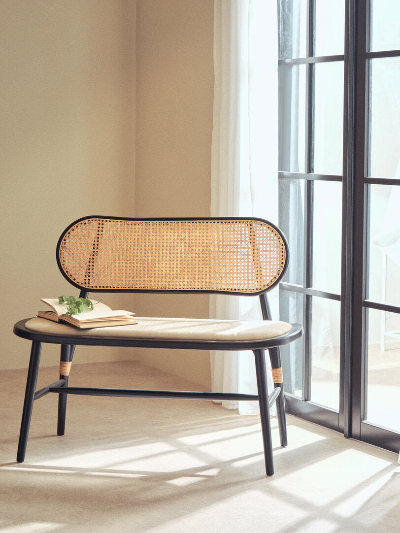 Cebu Natural Cane Bench with Black Elm Wood Frame