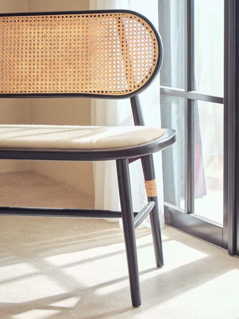 Cebu Natural Cane Bench with Black Elm Wood Frame