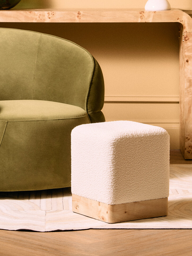 Mota Burl Wood And Cream Boucle Sqaure Stool