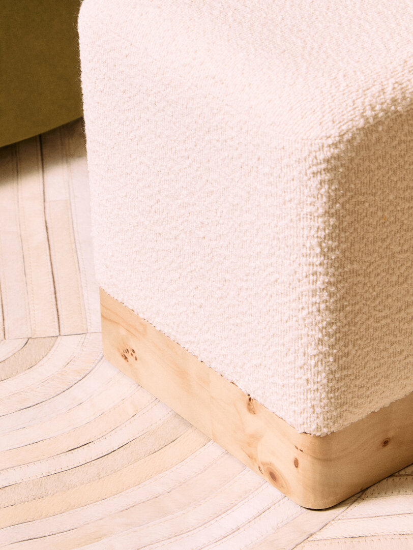 Mota Burl Wood And Cream Boucle Sqaure Stool