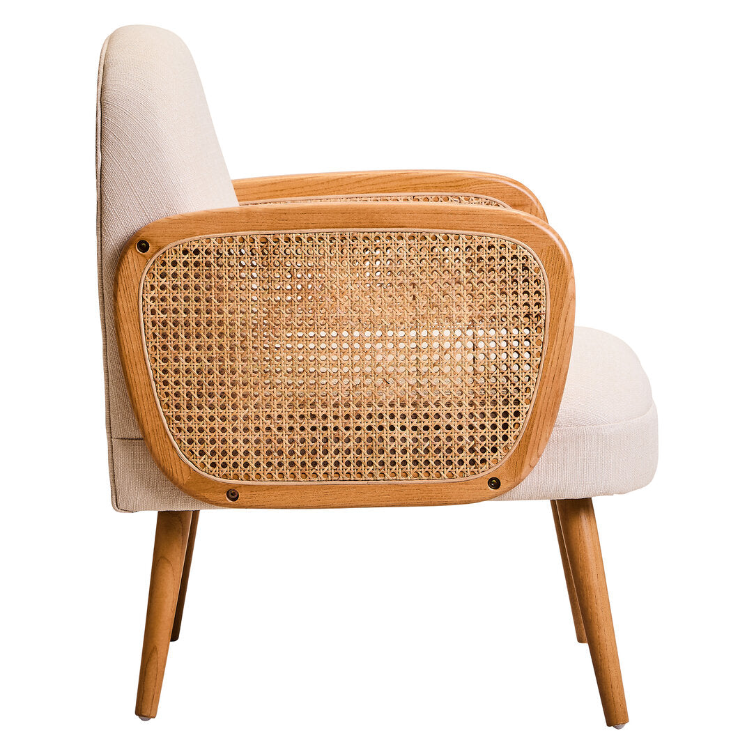 Cebu Ivory Fabric and Cane Chair with Elm Wood Legs