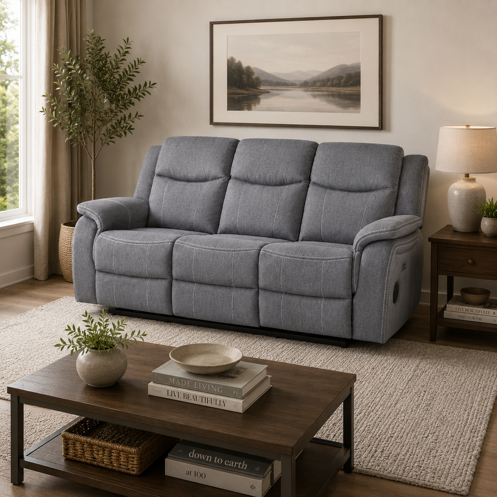 Galaxy Tech Recliner Fabric Grey 3 Seater Sofa