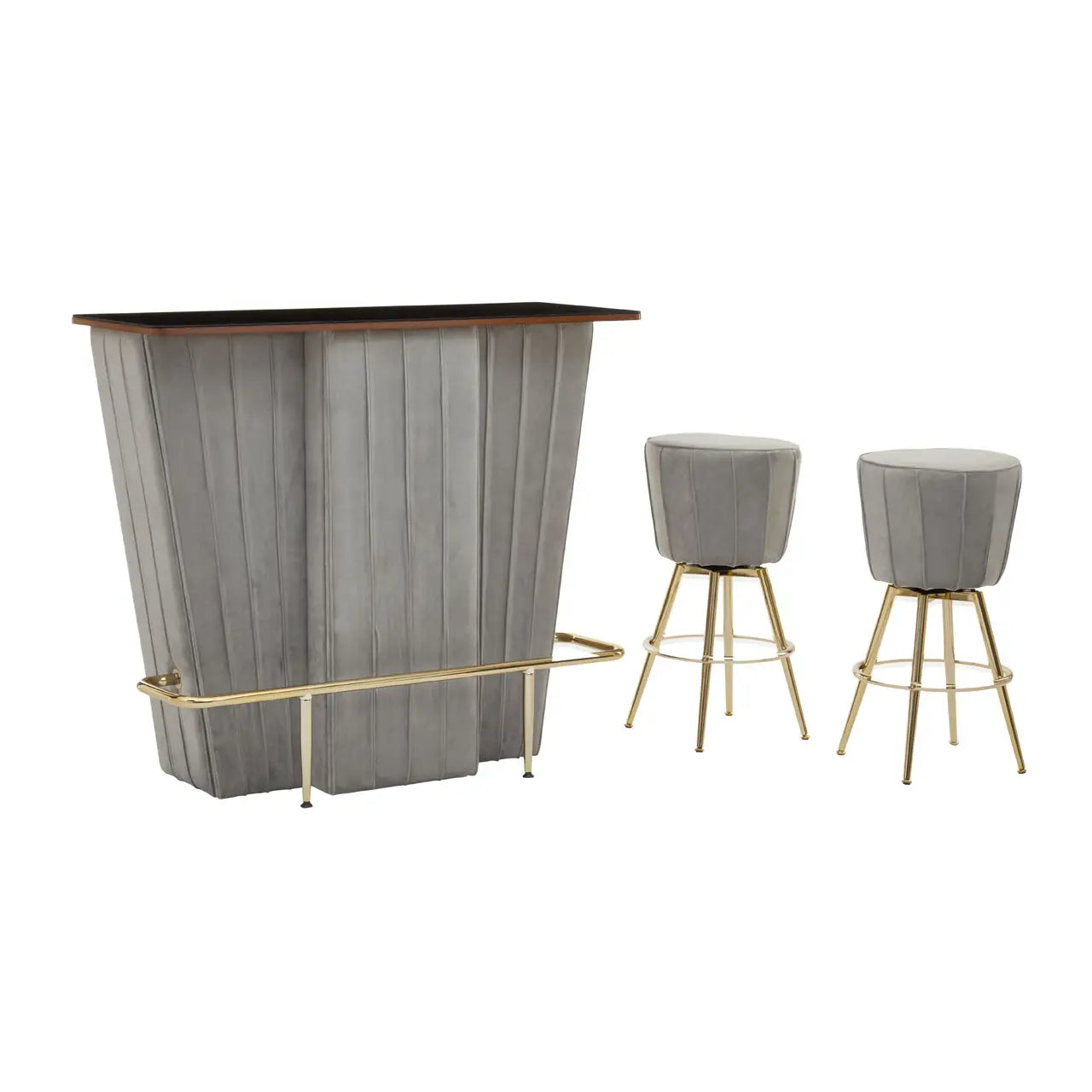 Sinatra Bar And Grey Velvet Stools Set
