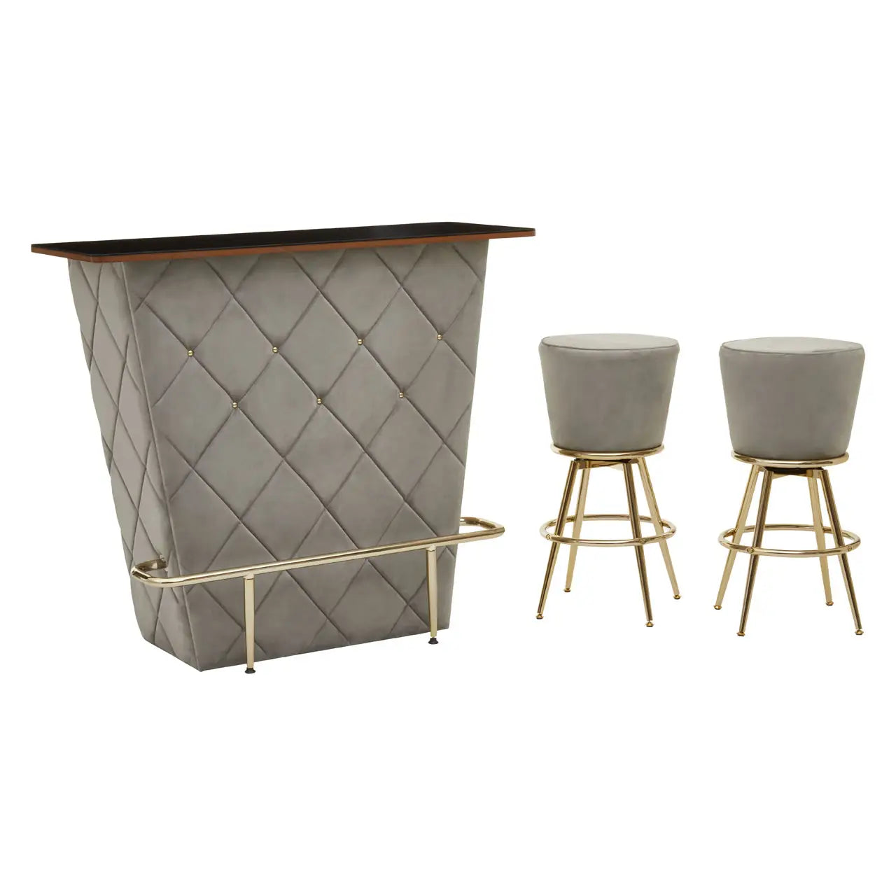Presley Bar And Grey Velvet Stools Set