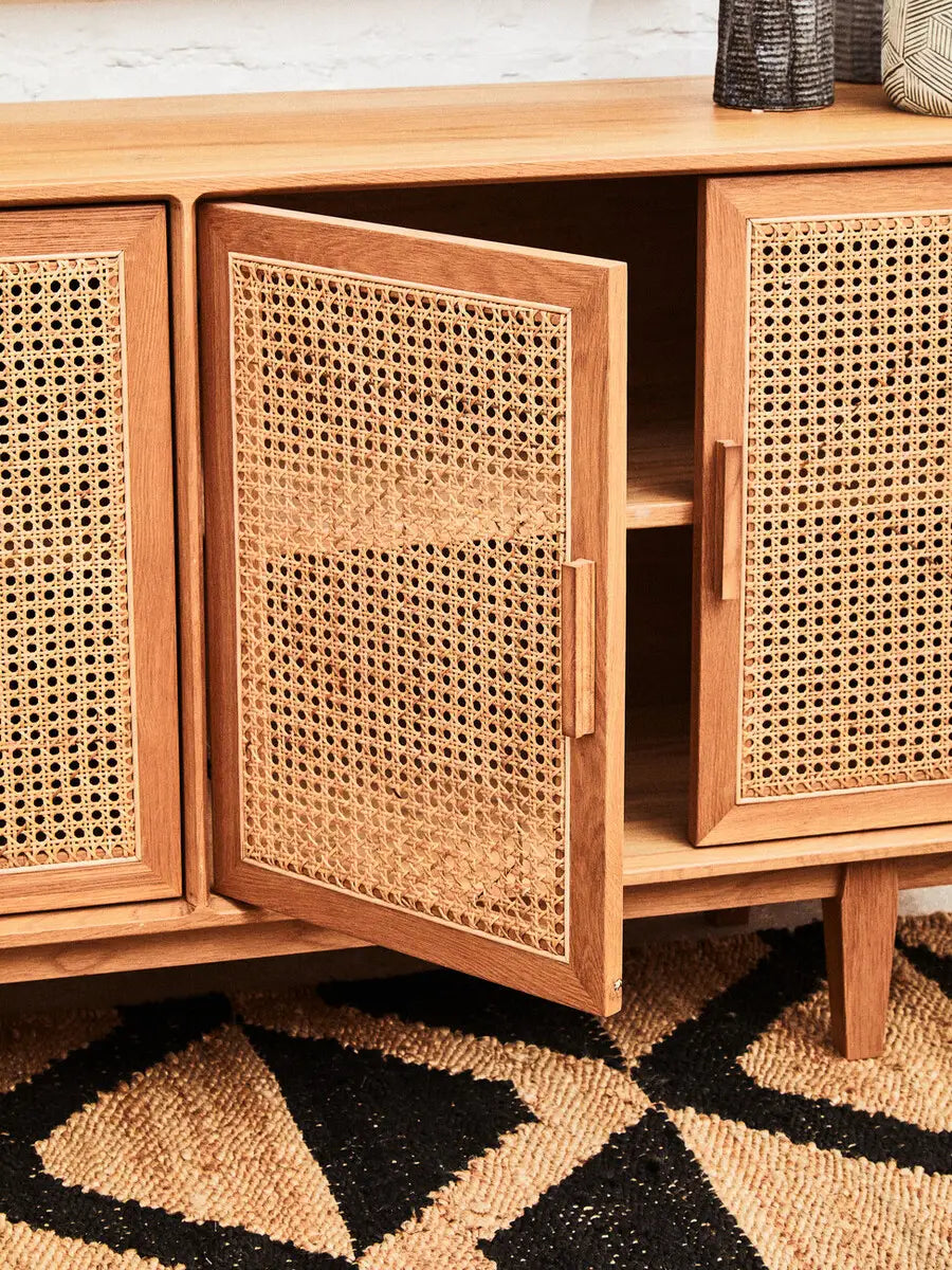 Lyon 4 Door Natural Rattan And Oak Sideboard