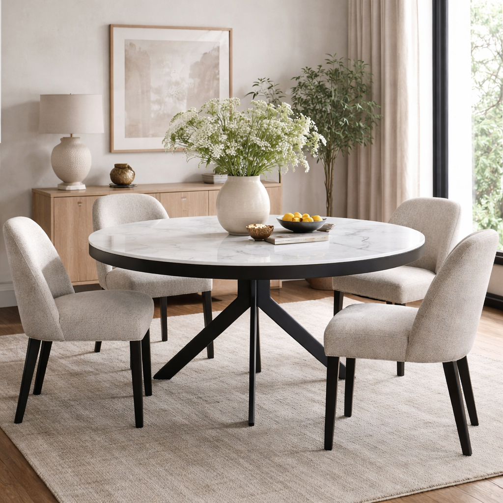 Danello Round Extending Dining Table White & Sunset Cloud Vein Ceramic