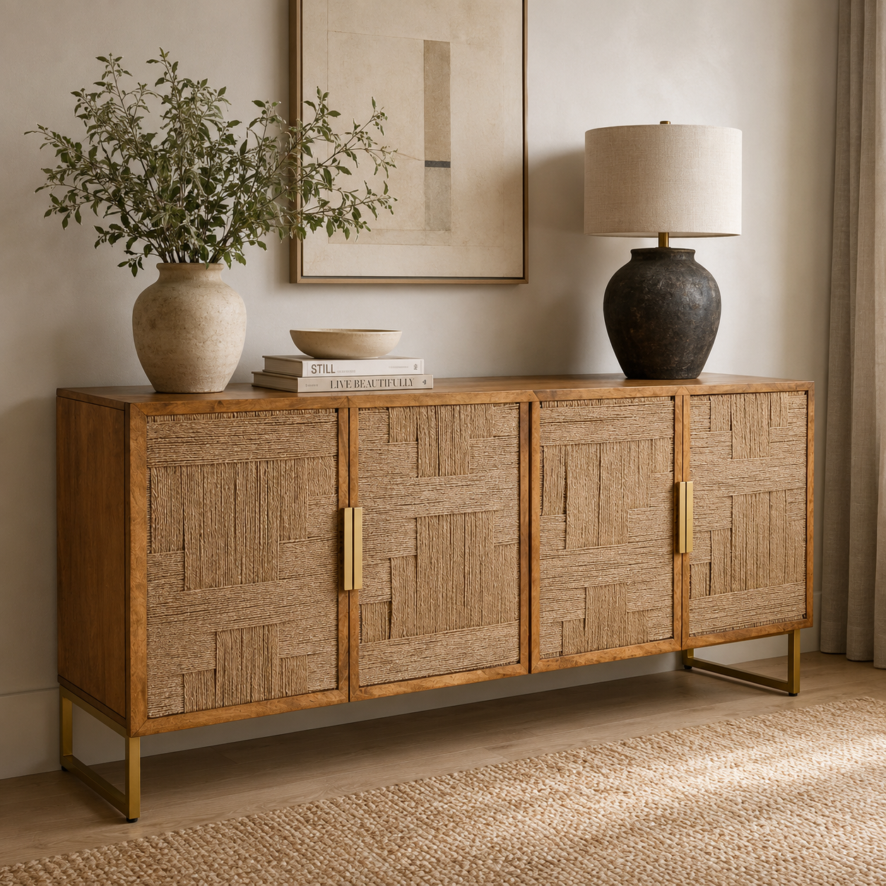 Teora Mango Wood Paper Rope Detail Four Door Sideboard