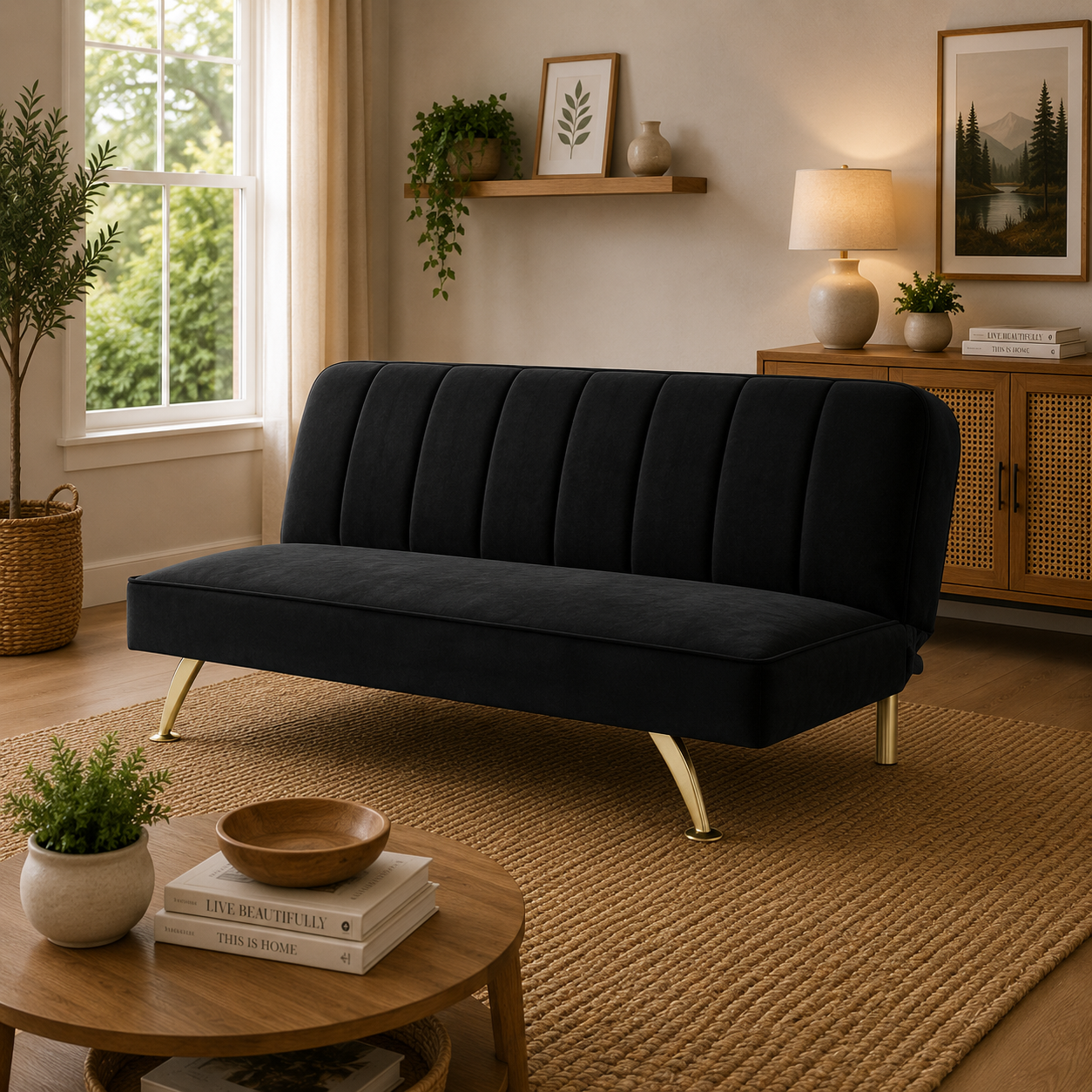 BURLINGTON SOFA BED BLACK VELVET / BRUSHED GOLD