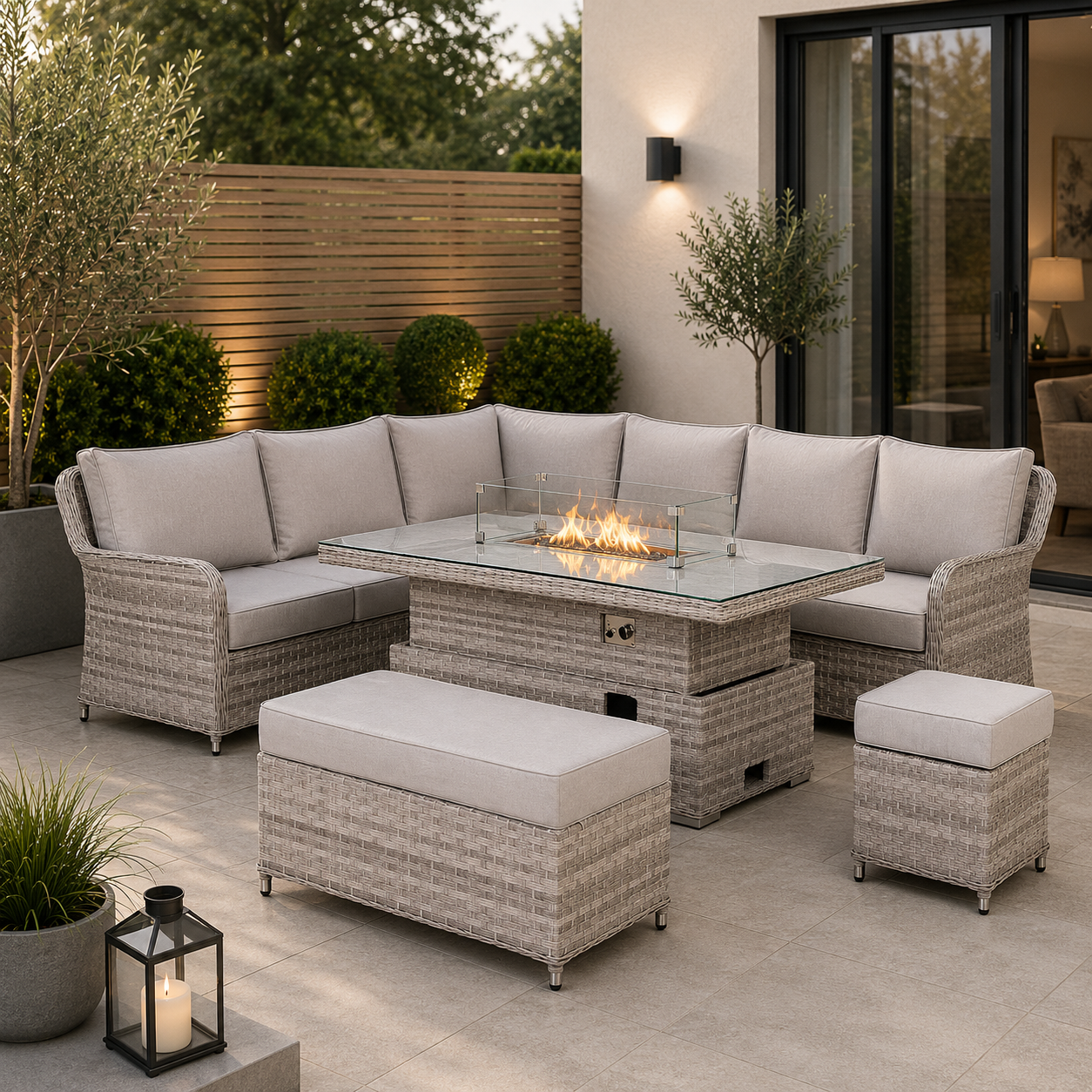 Havana Range High Back Left Hand Corner Sofa Set with Fire Pit Rising Table