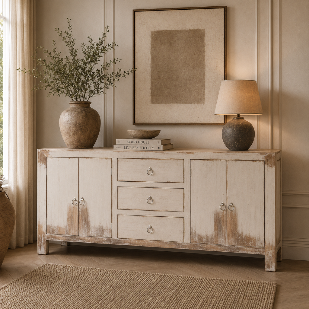 White Distressed Oriental Sideboard