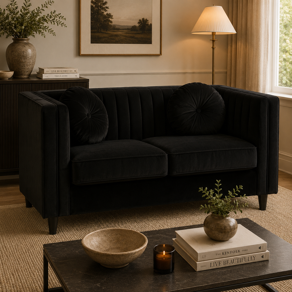 Farah Two Seat Black Velvet Sofa