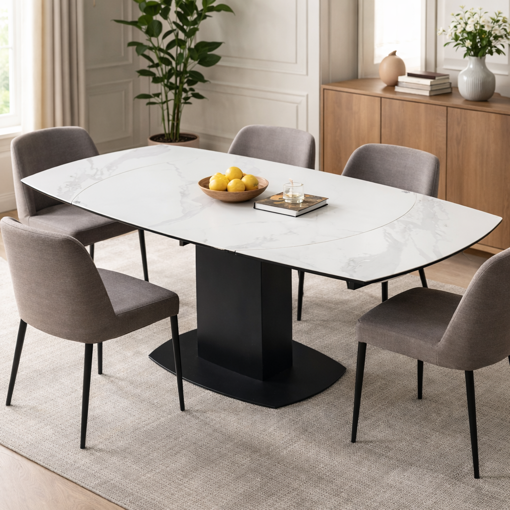 Ritz Swivel Ext Ceramic Dining Table White & Grey Marble