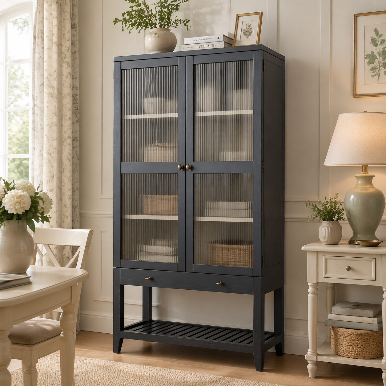 Barwick Charcoal & Soft Natural 2 Door 1 Drawer Glazed Cabinet