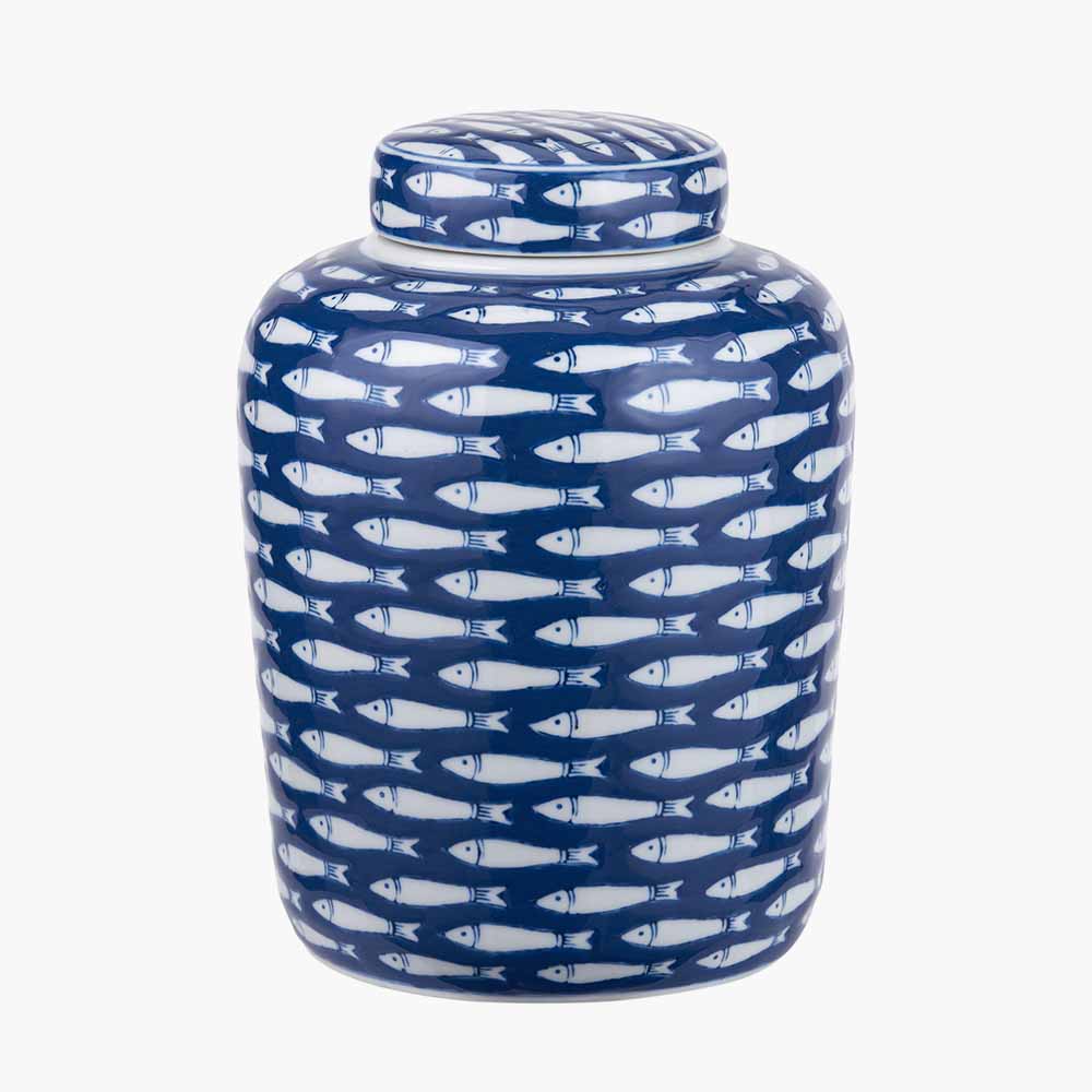 Schoal Blue and White Ceramic Fish Detail Lidded Ginger Jar