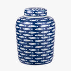 Schoal Blue and White Ceramic Fish Detail Lidded Ginger Jar