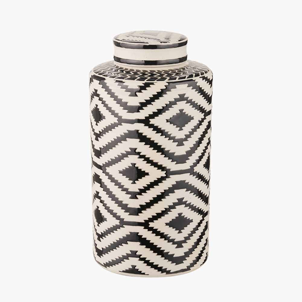 Chirala Black and White Ceramic Aztec Design Lidded Ginger Jar