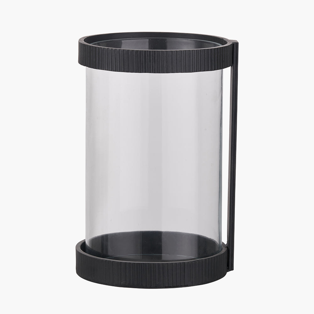 Black Ribbed Metal and Clear Glass Hurricane Large