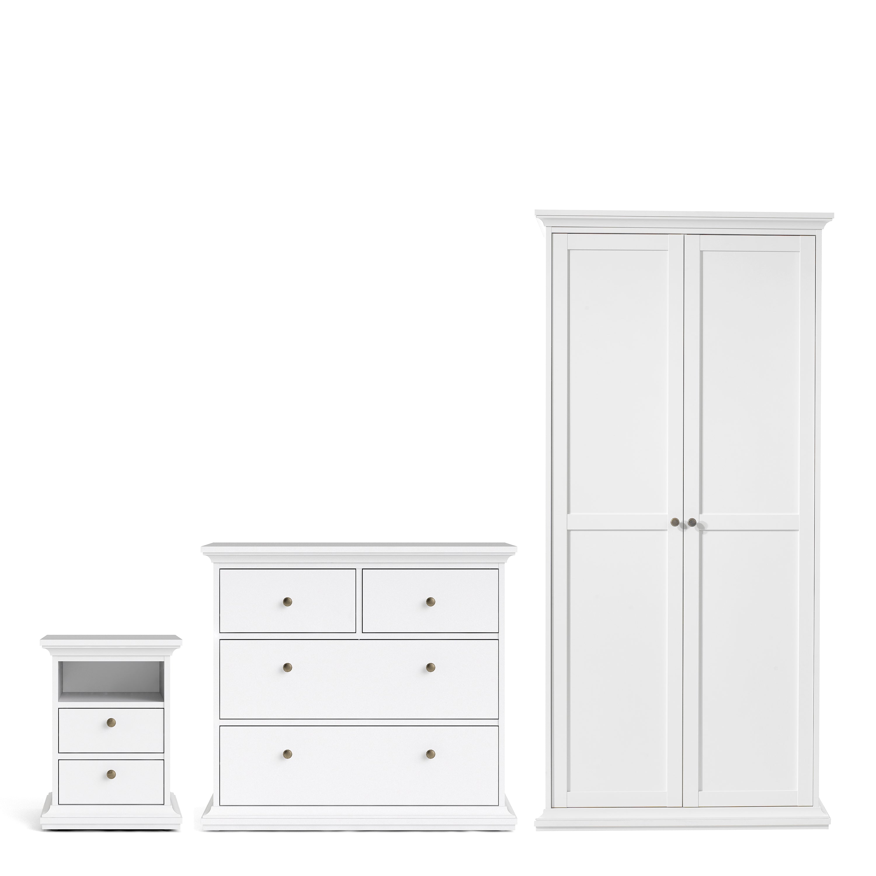 Paris Package - Bedside 2 Drawers + Chest of 4 Drawers + Wardrobe with 2 Doors White