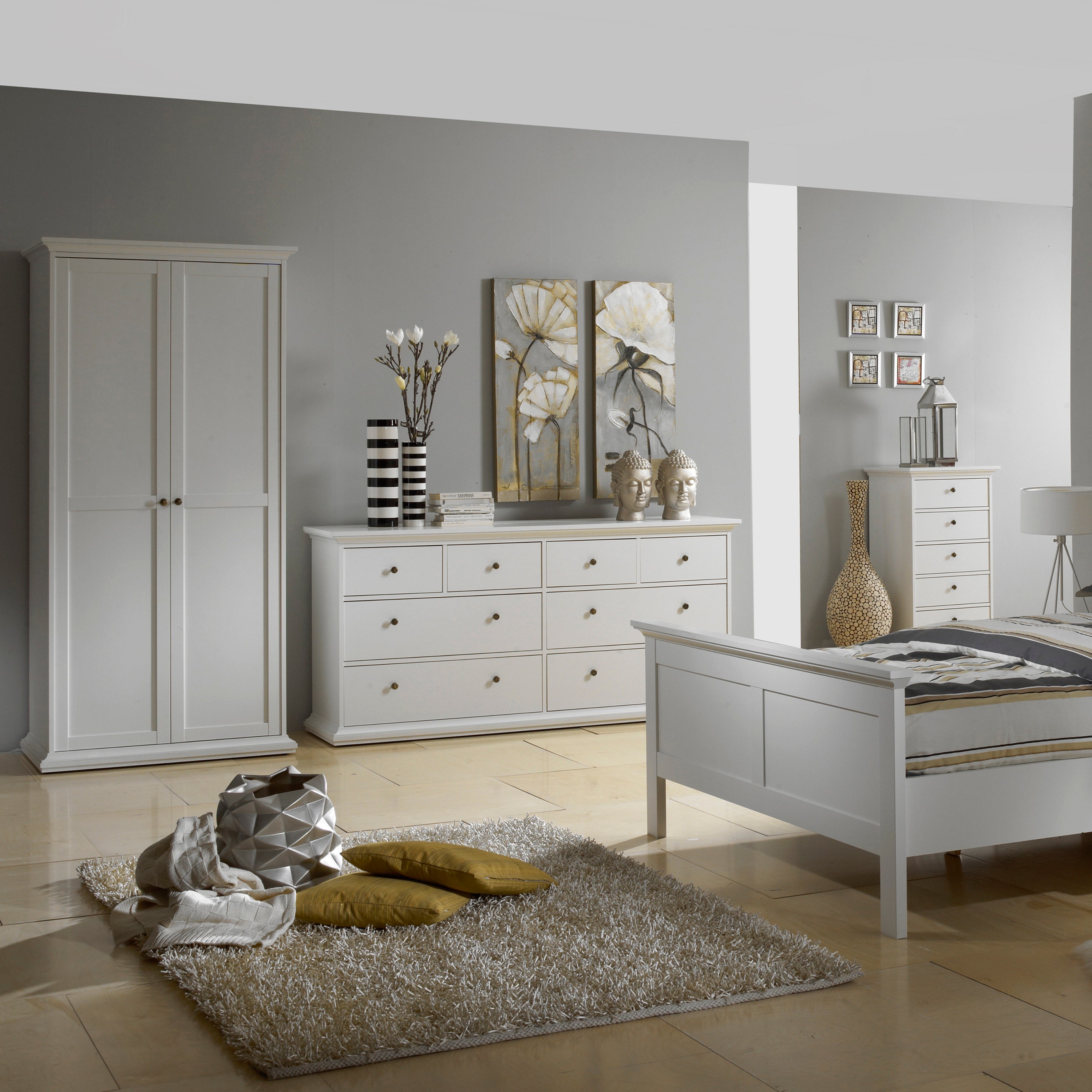 Paris Package - Bedside 2 Drawers + Chest of 4 Drawers + Wardrobe with 2 Doors White