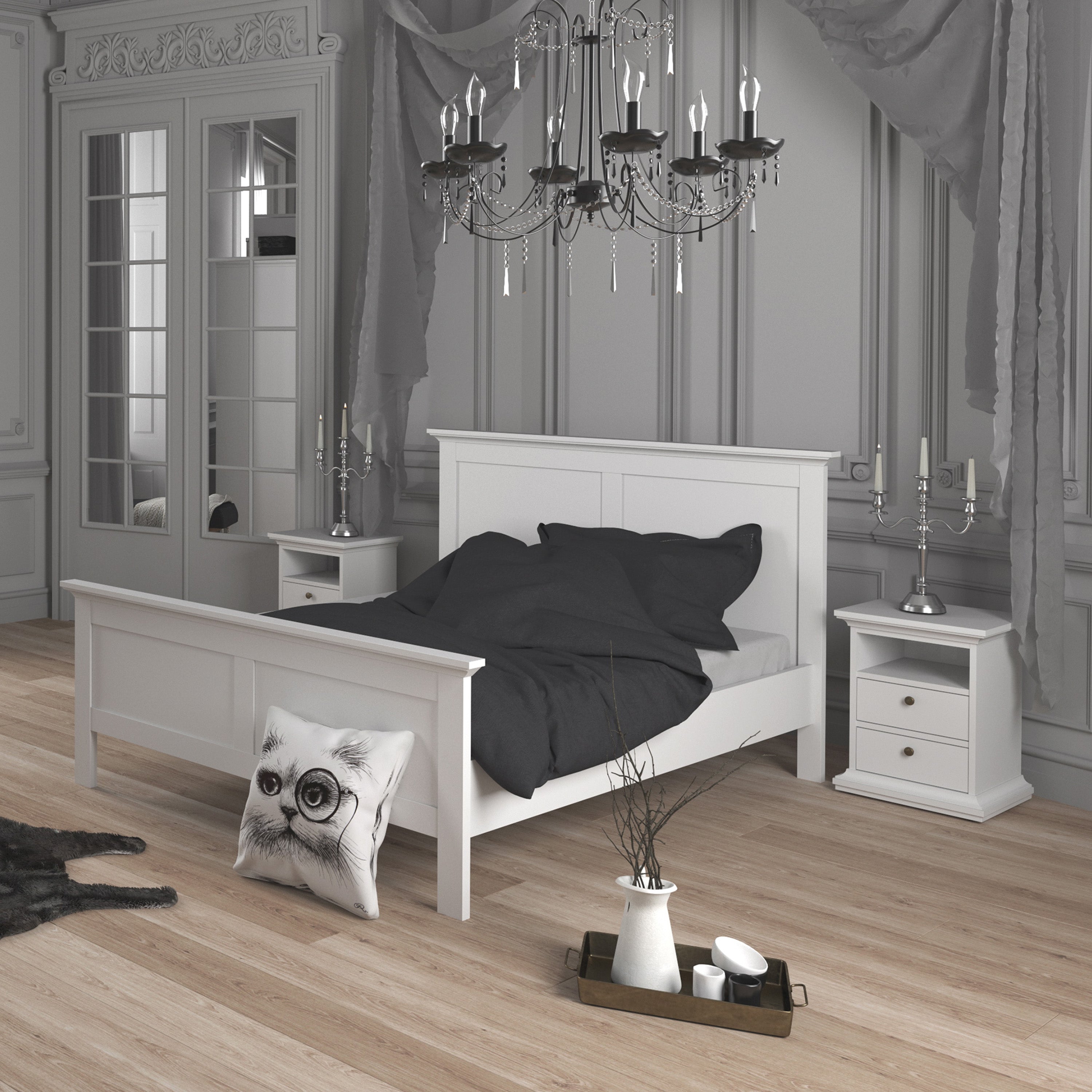 Paris Package - Bedside 2 Drawers + Chest of 4 Drawers + Wardrobe with 2 Doors White