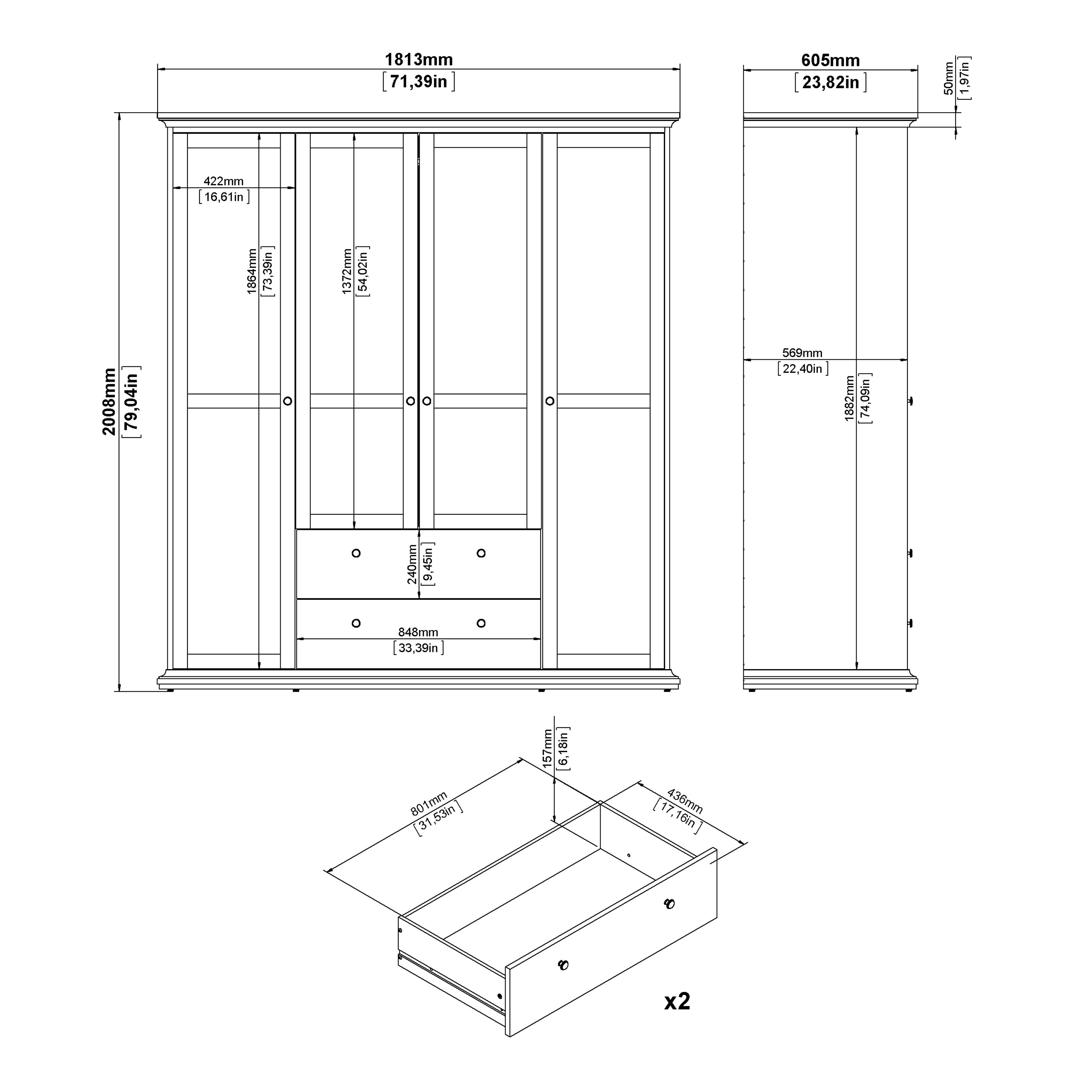 Paris Wardrobe with 4 Doors and 2 Drawers in Matt Grey