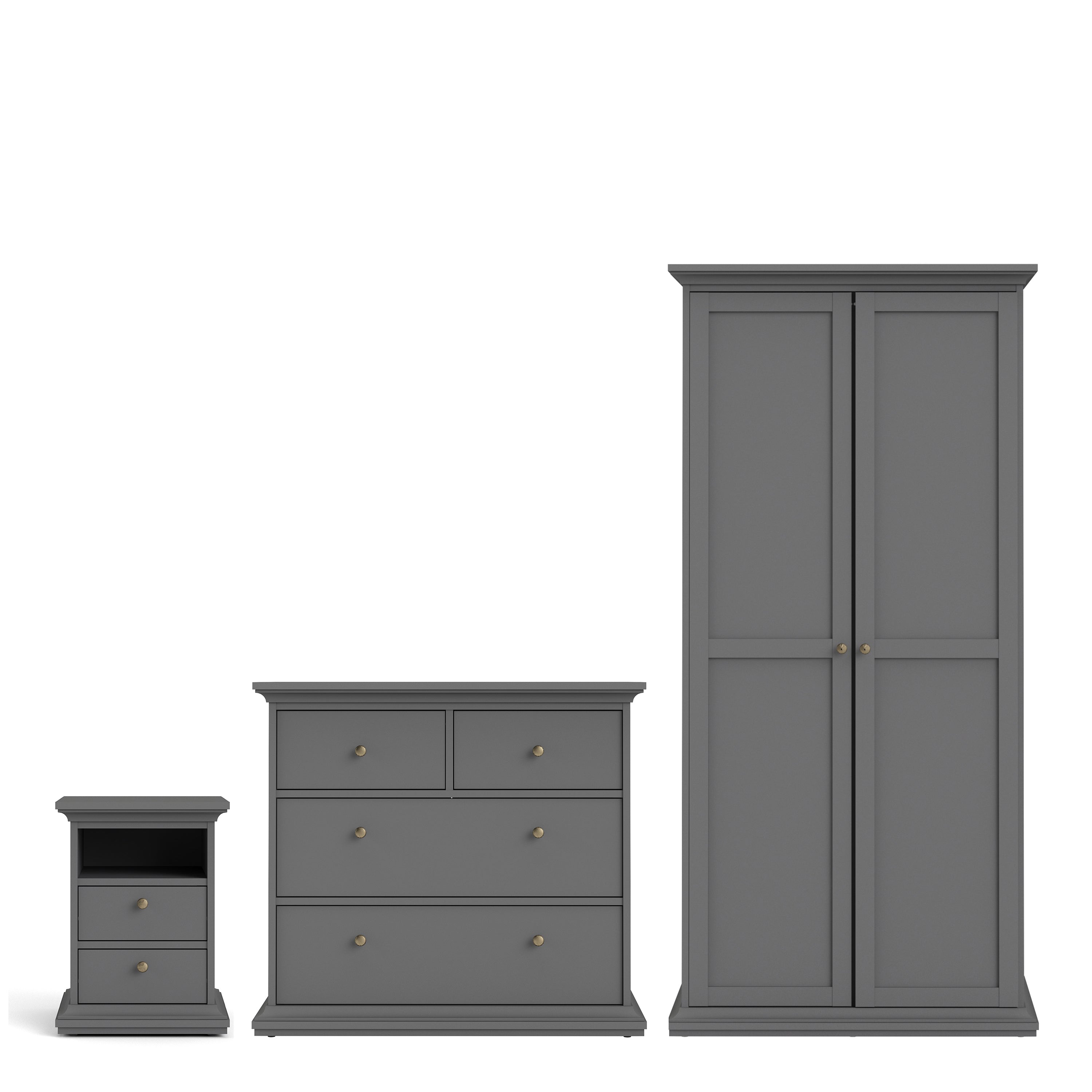 Paris Package - Bedside 2 Drawers + Chest of 4 Drawers + Wardrobe with 2 Doors Matt Grey
