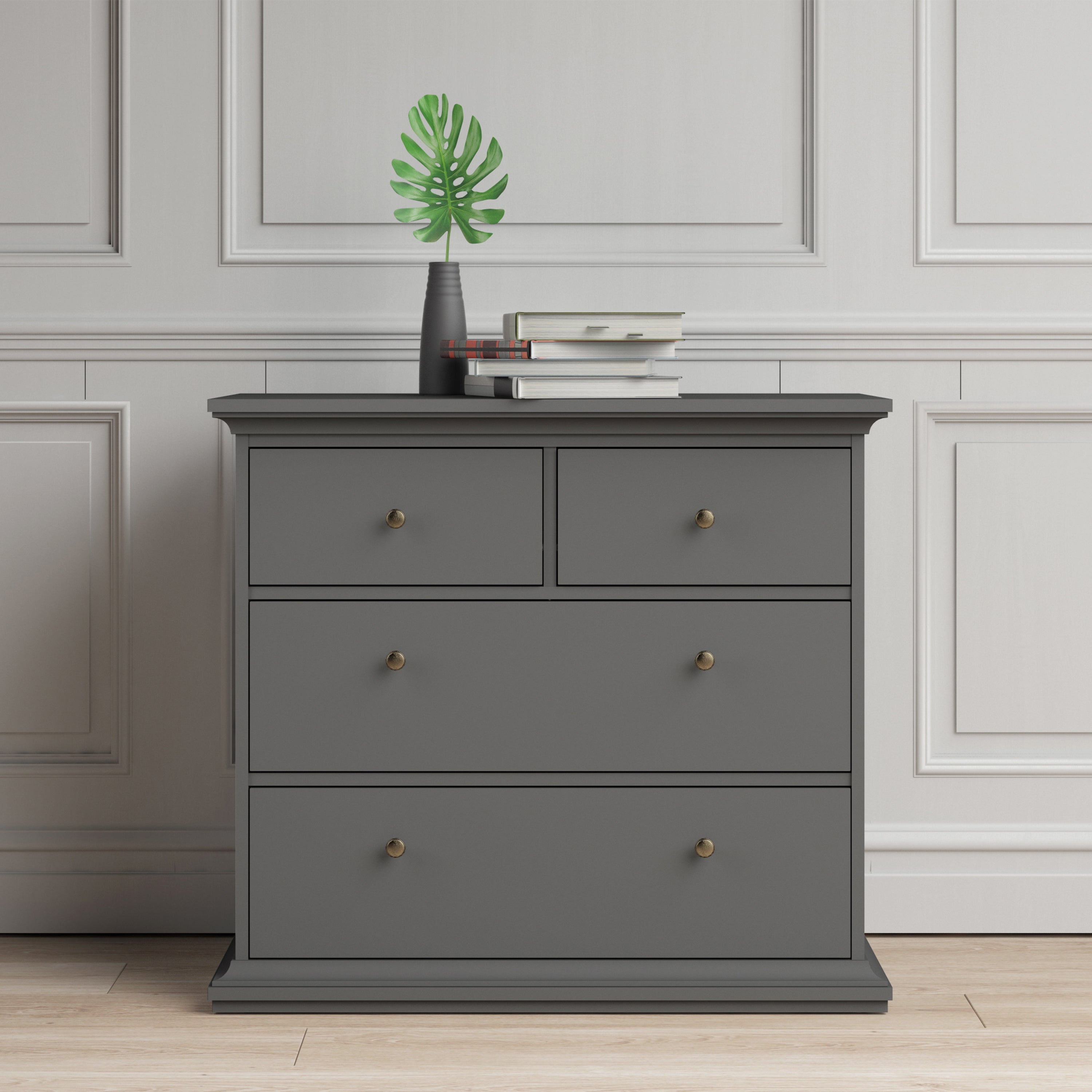 Paris Package - Bedside 2 Drawers + Chest of 4 Drawers + Wardrobe with 2 Doors Matt Grey