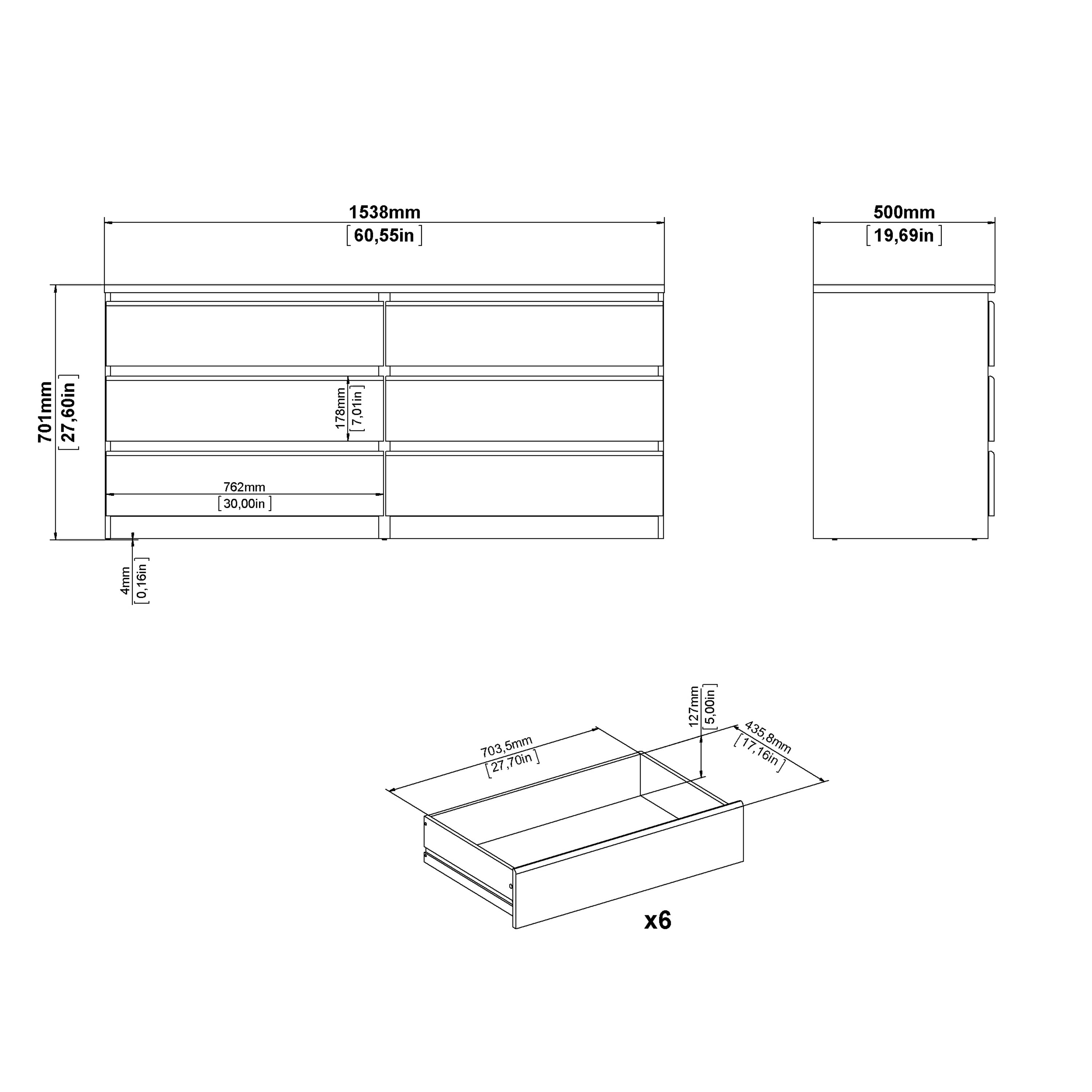 Naia Wide Chest of 6 Drawers (3+3) in Black Matt