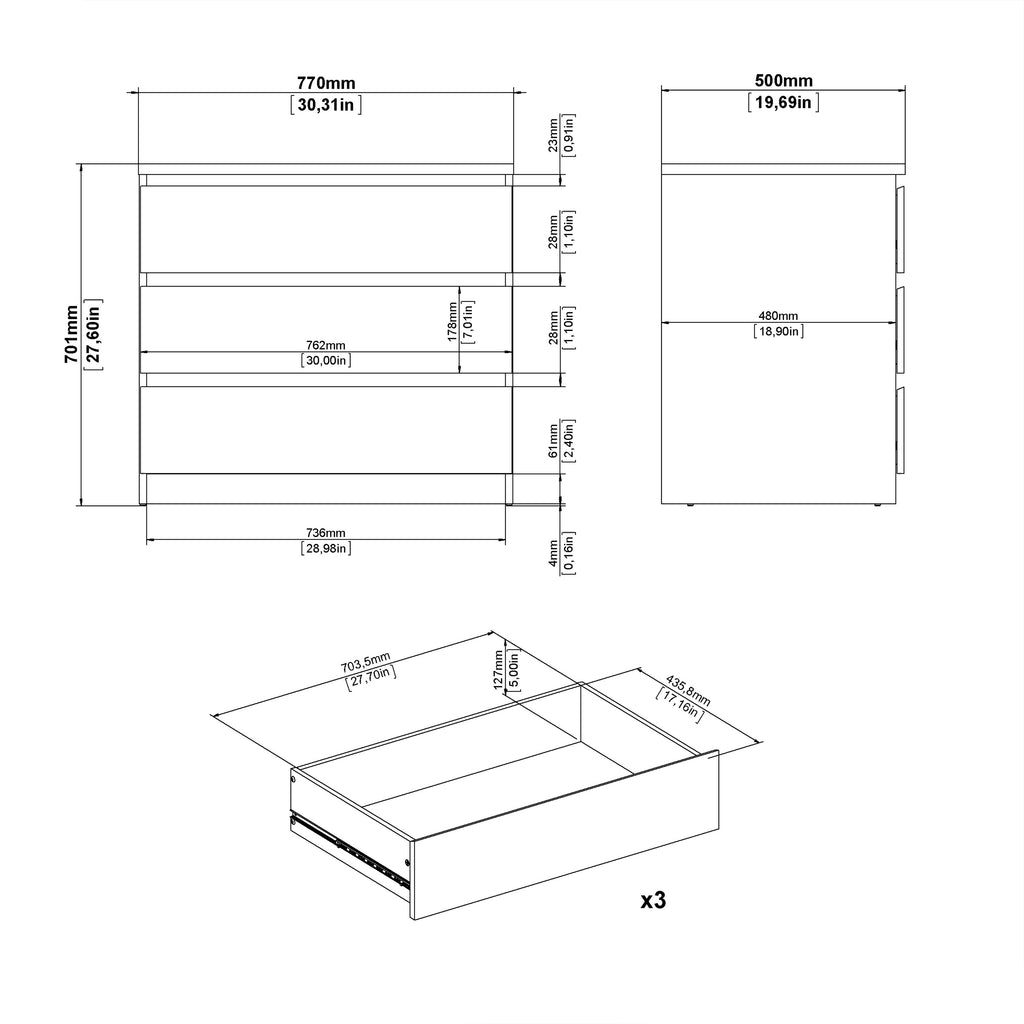 Naia Chest of 3 Drawers in Black Matt