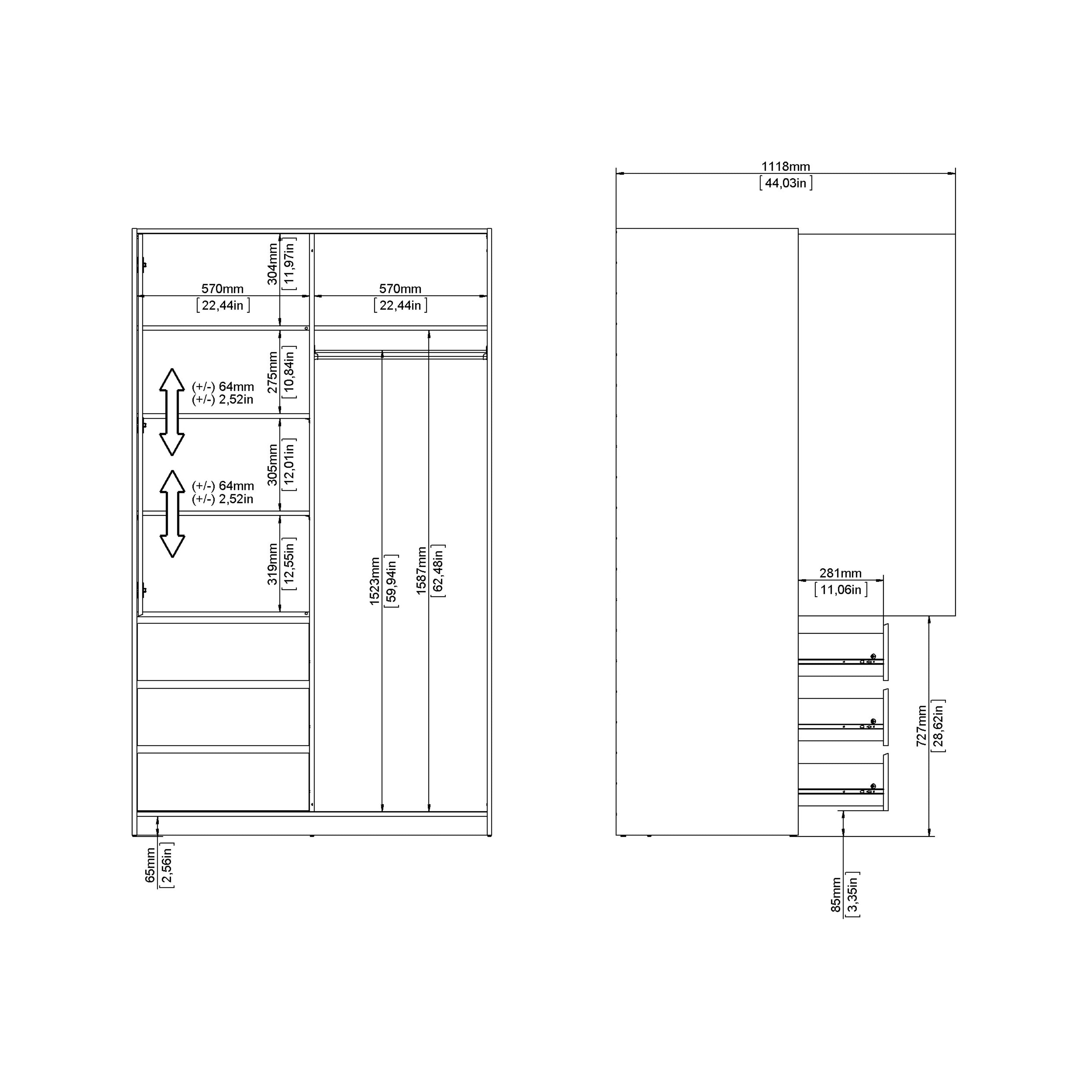 Naia Wardrobe with 1 Sliding Door and 1 Door + 3 Drawers in White