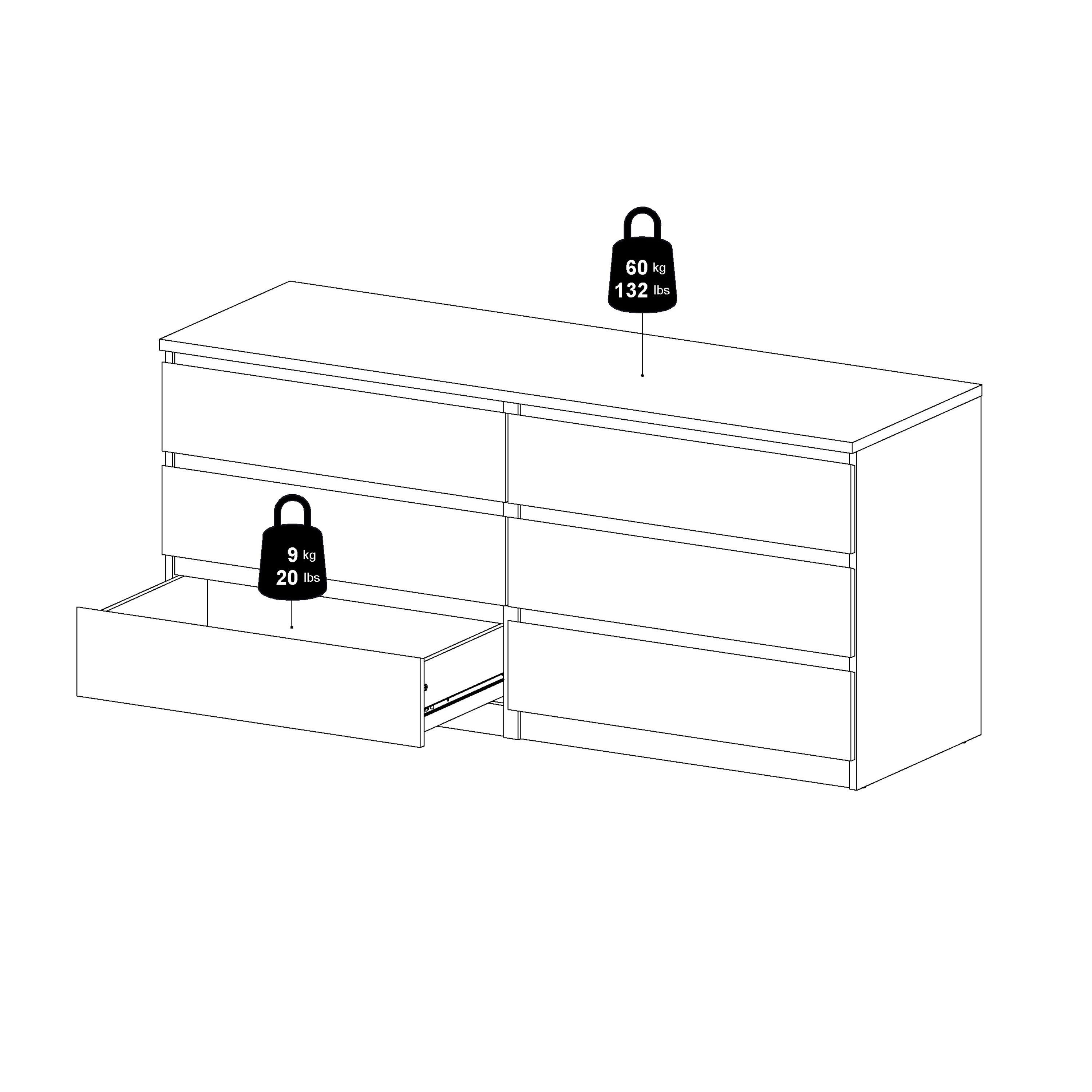 Naia Wide Chest of 6 Drawers (3+3) in Jackson Hickory Oak