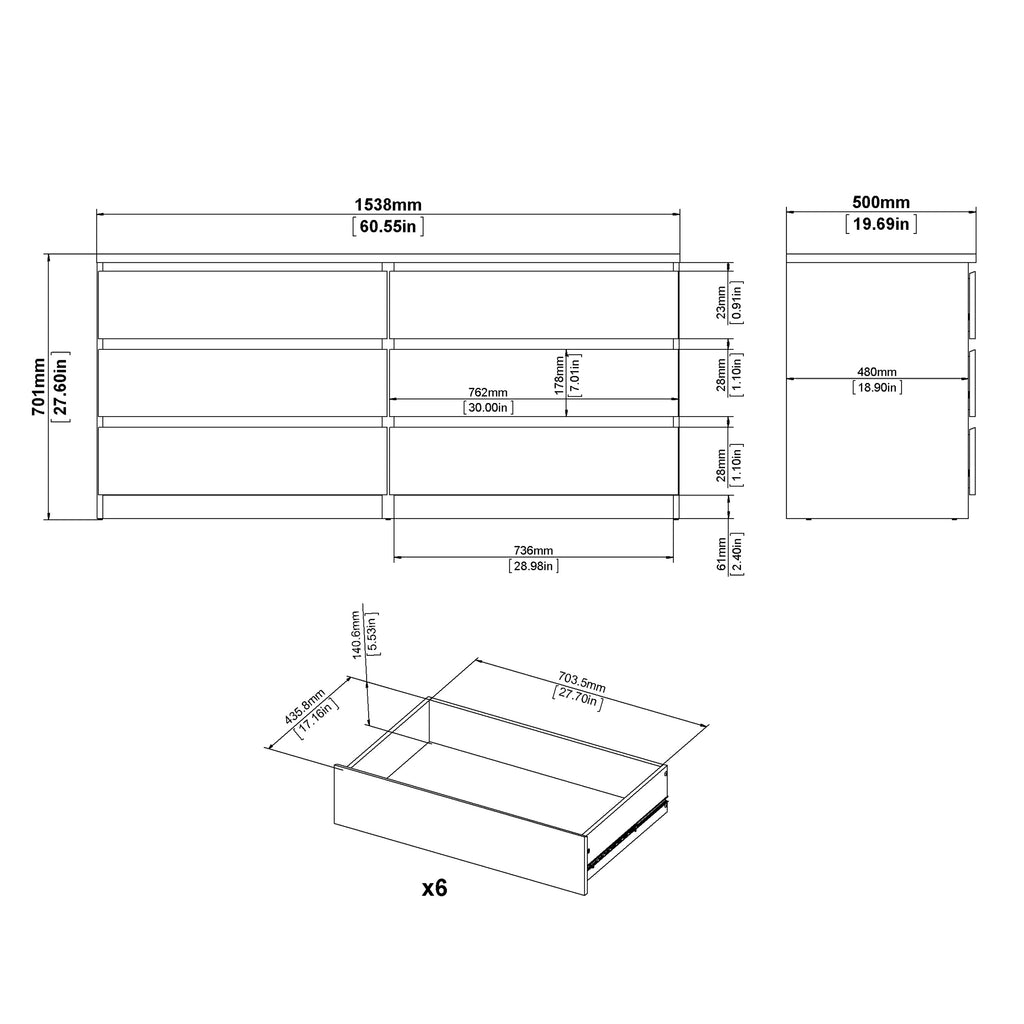 Naia Wide Chest of 6 Drawers (3+3) in White High Gloss