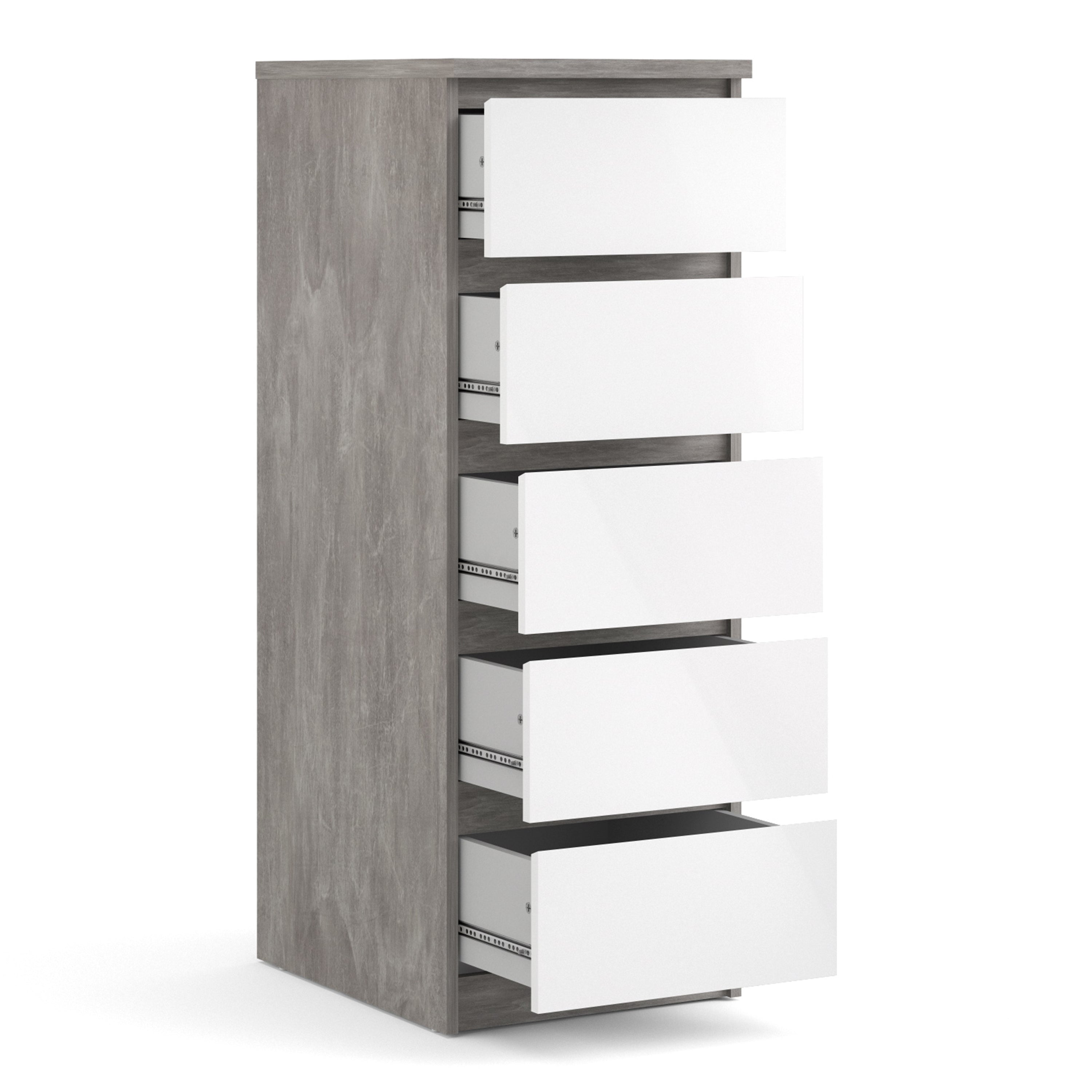 Naia Narrow Chest of 5 Drawers in Concrete and White High Gloss