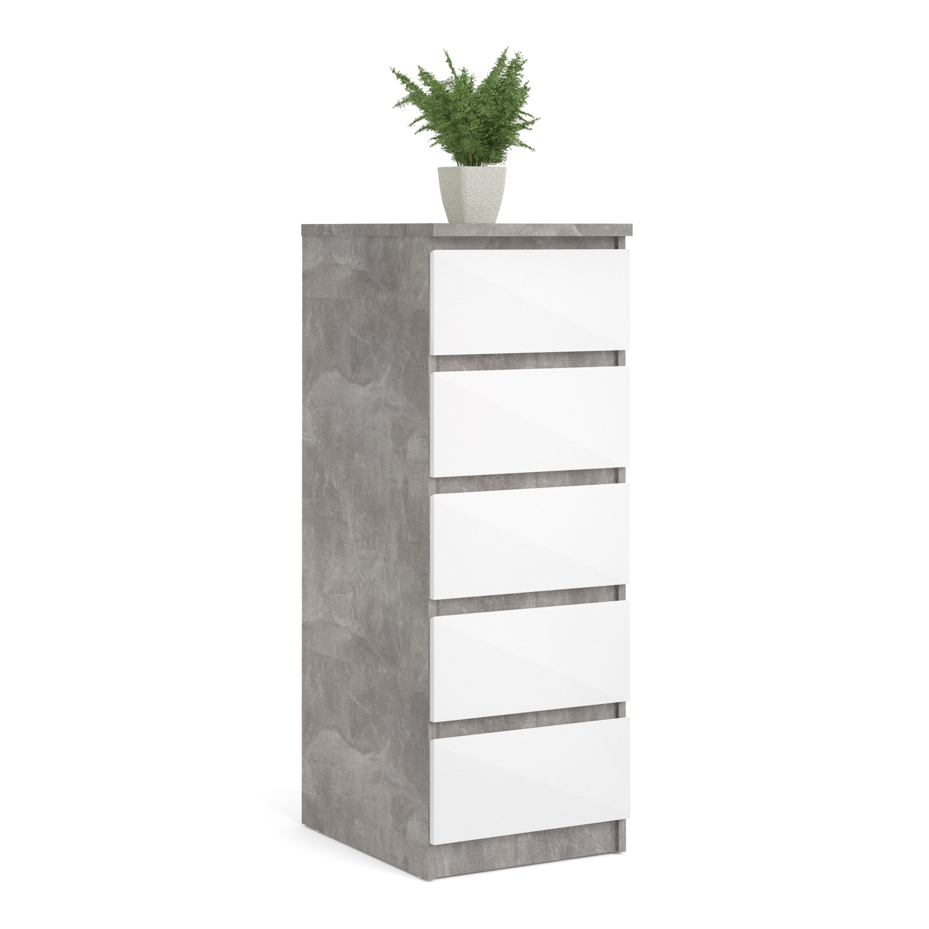 Naia Narrow Chest of 5 Drawers in Concrete and White High Gloss