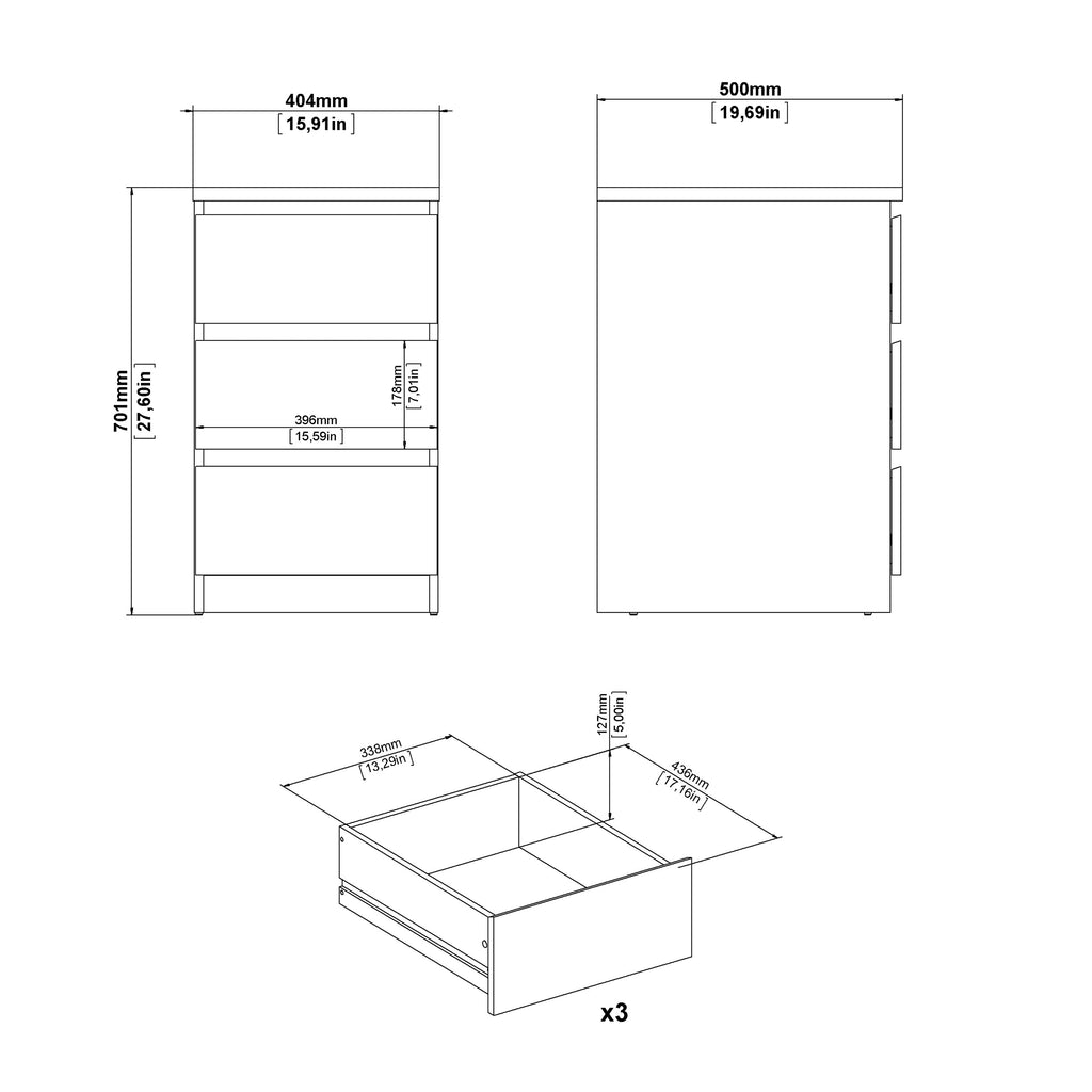 Naia Bedside 3 Drawers in White High Gloss