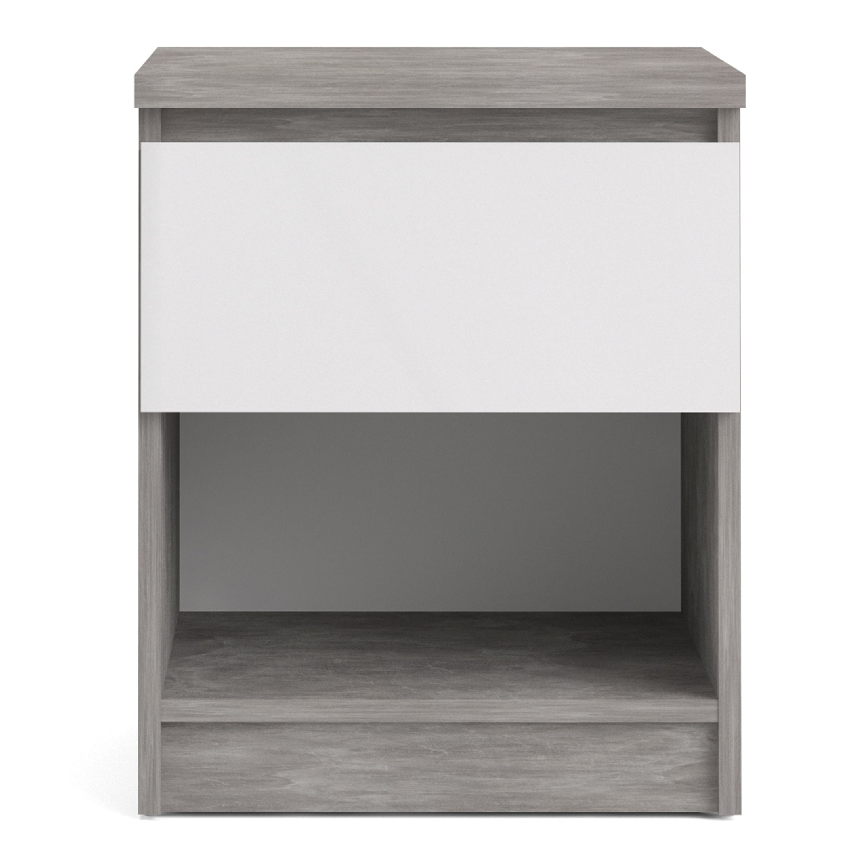 Naia Bedside 1 Drawer 1 Shelf in Concrete and White High Gloss